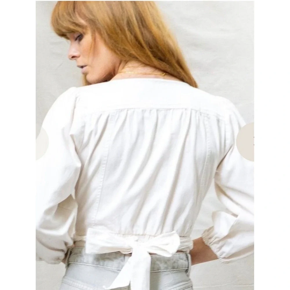 Free People Women's XS Sophie Cream Cotton Denim Puff Sleeve Wrap Crop Top Boho